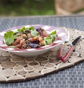 Salade de lentilles aux tomates, carottes et jeunes pousses de salade mesclun